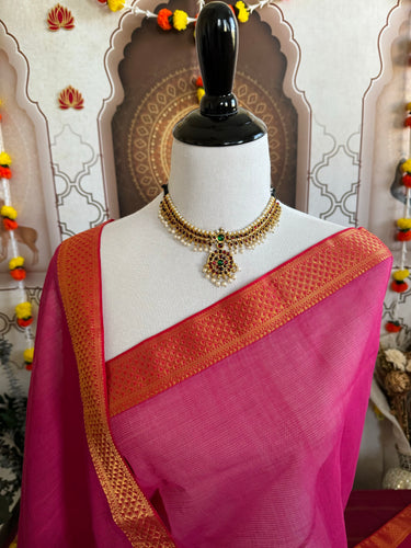 Handwoven Mangalgiri Cotton Saree | Magenta Pink | Gold Zari | Handwoven | Ships from California